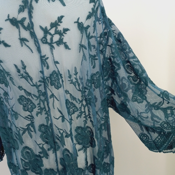 *SOLD* CRACKER BARREL Boho Chic Teal Floral Lace Mesh Kimono Duster Beach Cover - Picture 7 of 12